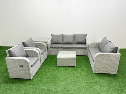 Fimous PE Rattan Garden Furniture Set Adjustable Chair Sofa Double Love Seat 2 Seater Sofa Lounge Set Square Coffee Table Side Table Light Grey Image
