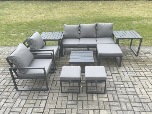 Fimous Aluminium Outdoor Lounge Sofa Set Garden Furniture Sets with Square Coffee Table 2 Chairs 3 Footstools 2 Side Tables Dark Grey 8 Seater