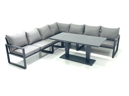 Fimous 7 Seater Outdoor Aluminum Garden Furniture Set Corner Sofa Adjustable Rising Lifting Dining Table Sets Dark Grey