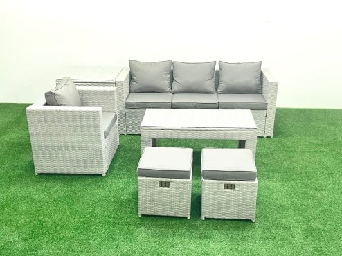 Fimous Rattan Garden Furniture Set Outdoor Lounger Sofa with Coffee Table 2 Small Footstools Light Grey Mixed 6 Seater