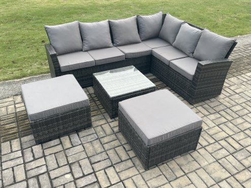 Fimous 8 Seater Wicker PE Outdoor Garden Furniture Set High Back Rattan Corner Sofa Set with 2 Big Footstool Square Coffee Table