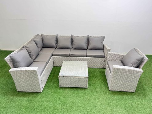 Fimous Outdoor Rattan Garden Furniture Set 7 Seater Corner Sofa Sets with Square Coffee Table Chair Light Grey Mixed