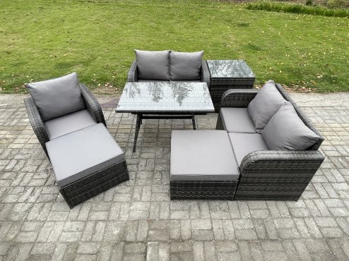 Fimous 7 Seater Outdoor Garden Dining Sets Rattan Furniture With Dining Table Armchairs Love Sofa 2 Big Footstool Side Table Dark Grey Mixed