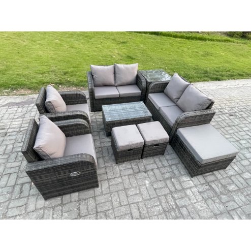 Fimous 9 Seater Rattan Garden Furniture Set Patio Outdoor Lounge Sofa Set with Rectangular Coffee Table 3 Footstools Love Sofa Side Table Dark Grey Mixed