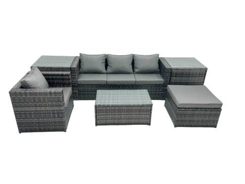 Fimous Outdoor Coffee Table Sofa Armchair Set with Side Table Big Stool Garden Furniture Set Dark Grey Mixed