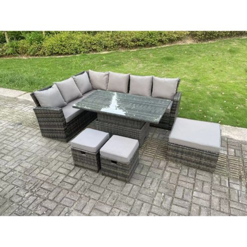 Fimous 9 Seater High Back?Outdoor Rattan Adjustable Rising Lifting Dining Table Corner Sofa Set Garden Furniture Footstools Dark Grey Mixed Left Hand
