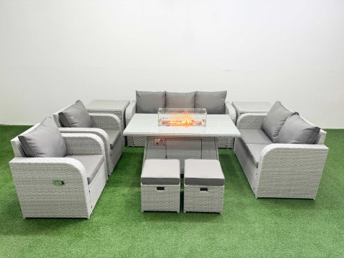 Fimous PE Rattan Garden Furniture Set Reclining Chair Sofa Double Love Seat 2 Seater Sofa Lounge Set Firepit Dining Table 2 Stools 2 Side Table Light Grey
