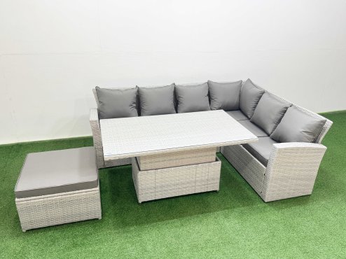 Fimous 7 Seat Rattan Garden Furniture Corner Sofa Set Outdoor Adjustable Lifting Dining or Coffee Table Set with Armchair Big Footstool Light Grey