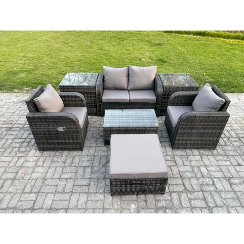 Fimous Wicker PE Rattan Outdoor Furniture Set Garden Love Sofa Coffee Table 2 Armchair 2 Side Tables Big Footstool Dark Grey Mixed