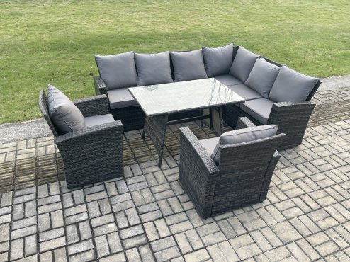 Fimous High Back Outdoor Garden Furniture Set Rattan Corner Sofa Dining Table Set With 2 Armchairs 8 Seater Dark Grey Mixed