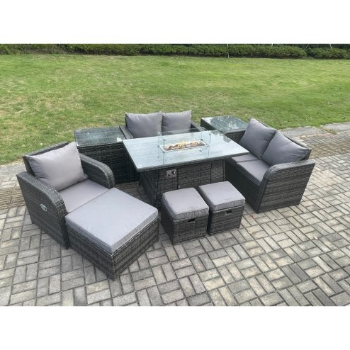Fimous Outdoor Sofa Rattan Garden Furniture Set Patio Gas Fire Pit Dining Table and Reclining Chair set with 2 Side Tables 3 Footstools Dark Grey Mixed