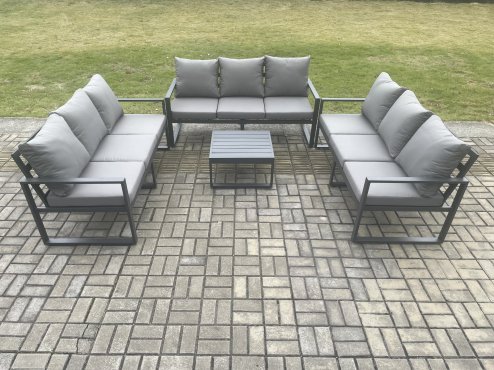 Fimous Aluminium 9 Seater Outdoor Garden Furniture Set Patio Lounge Sofa with Square Coffee Table Conservatory Set Dark Grey