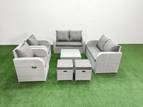 Fimous 8 Seater Outdoor Reclining Chair Love Sofa Set Rattan Garden Furniture Set with Square Coffee Table 2 Stools Light Grey