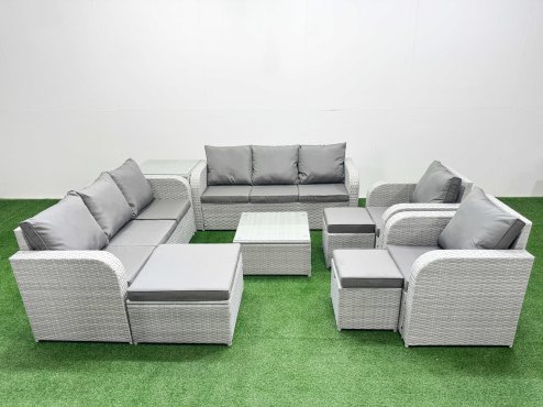 Fimous PE Rattan High Back Lounge Sofa Set Patio Square Coffee Table & Chairs Set with 3 Seater Sofa Reclining Chair 3 Stools Side Table Light Grey Image