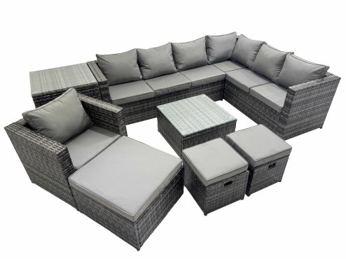 Fimous Outdoor PE Rattan Garden Furniture Sofa Set with Square Coffee Table Chair 3 Stools Side Table Dark Grey