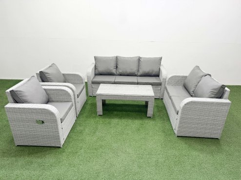 Fimous PE Rattan Garden Furniture Set Adjustable Chair Sofa Double Love Seat 2 Seater Sofa Lounge Set Rectangular Coffee Table Light Grey