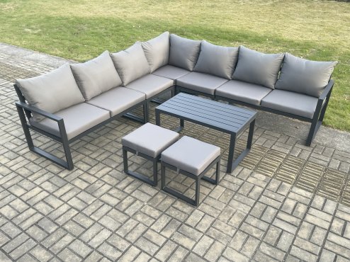 Fimous Aluminium Patio Outdoor Garden Furniture Lounge Corner Sofa Set with Oblong Coffee Table 2 Small Footstools Dark Grey