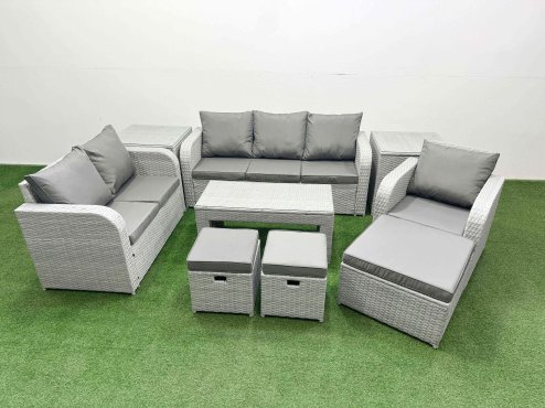 Fimous Patio PE Wicker 9 Seater Outdoor Rattan Furniture Sofa Sets with Oblong Coffee Table Reclining Chair Loveseat Sofa 3 Seater Sofa Stool 2 Side Table Light Grey Image