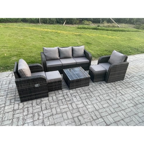 Fimous Garden Furniture Sets Wicker Rattan Furniture Patio Sofa Sets with Reclining Chair 3 Seater Sofa 2 Small Footstools Dark Grey Mixed