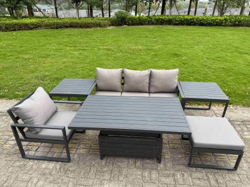 Fimous Aluminium Garden Furniture Set 5 Piece Aluminium Lounge Seating Adjustable Rising Lifting Dining Table Set with Side Table Big Footstool Dark Grey