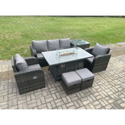 Fimous Outdoor Rattan Garden Furniture Set Propane Gas Fire Pit Table Burner with Lounge Sofa Side Tables 2 Small Footstool