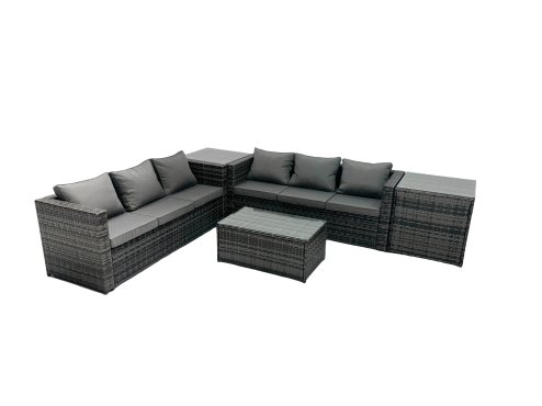 Fimous Rattan Garden Furniture Dining Set 6-seater Patio Coffee Table Sofa Set with 2 Side Tables Dark Grey Mixed