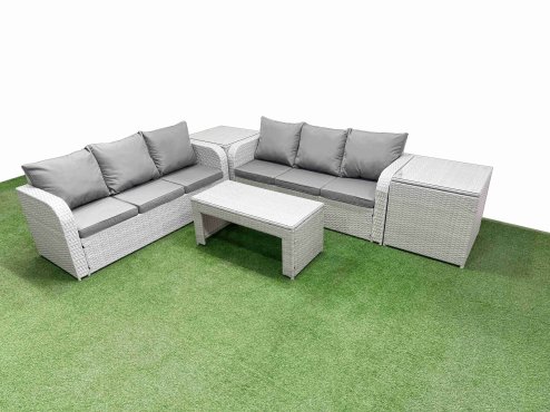 Fimous Outdoor Garden Furniture Sets 6 Seater Wicker Rattan Furniture Sofa Sets with Oblong Coffee Table high Back Lounge Sofa 2 Side Table Light Grey