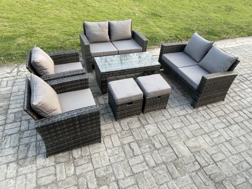 Fimous 8 Seater Dark Grey Mixed High Back Rattan Sofa Set Coffee Table Garden Furniture Outdoor Patio With Love Sofa Arm Chairs 2 Small Footstools