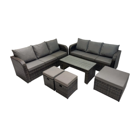 Fimous Rattan Garden Outdoor Furniture Set 3 Seater Sofa Coffee Table with 3 Footstools Dark Grey Mixed