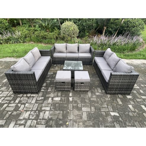 Fimous Outdoor Rattan Garden Furniture Set 11 Seater Patio Lounge Sofa Set with Square Coffee Table 2 Small Footstool Dark Grey Mixed