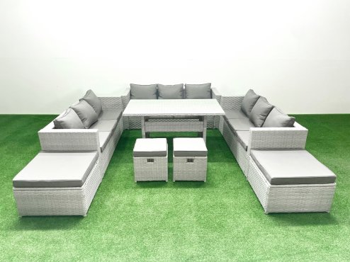 Fimous Rattan Garden Furniture Dining Set 13 Seater Lounge Sofa Dining Table Set with 4 Footstools Light Grey Mixed