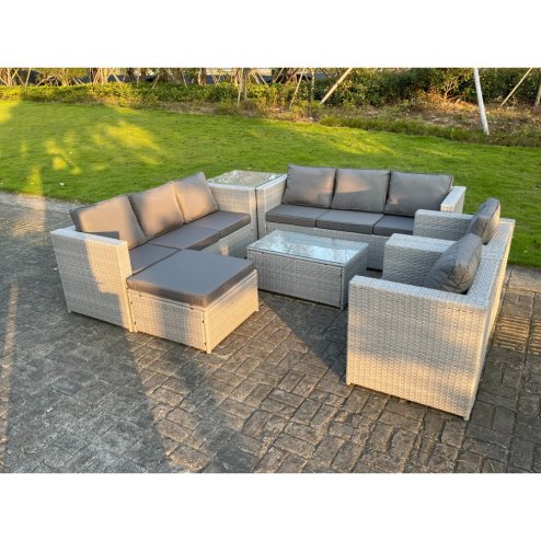 Fimous 9 Seater Light Grey Outdoor PE Rattan Garden Furniture Set Sofa Set Coffee Table Footstool 2 Armchair