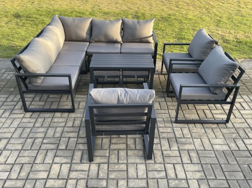 Fimous 10 Seater Aluminium Outdoor Garden Furniture Set Patio Lounge Sofa with Oblong Coffee Table Chair 2 Small Footstools Dark Grey