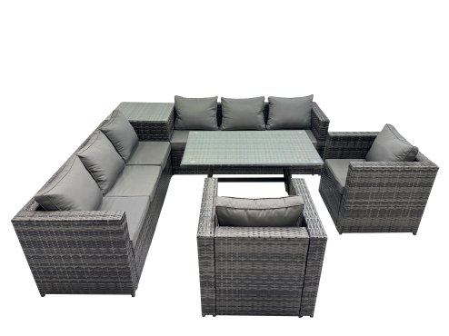 Fimous Outdoor Corner Sofa Chair Dining Table Set Garden Rattan Furniture Set 8 Seater with Side Table Dark Grey