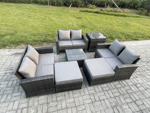 Fimous Outdoor Lounge Sofa Set Wicker PE Rattan Garden Furniture Set with Square Coffee Table Double Seat Sofa 2 Big Footstool Side Table Dark Grey Mixed
