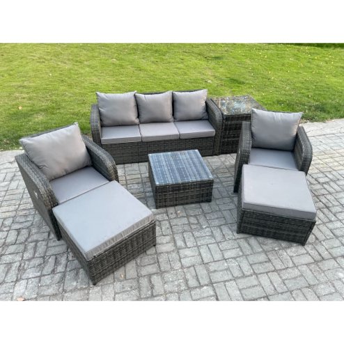 Fimous Patio Garden Furniture Sets Wicker 7 Seater Outdoor Rattan Furniture Sofa Sets with Square Coffee Table Side Table 2 Big Footstool
