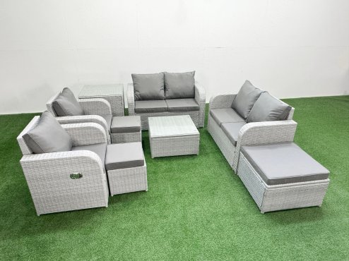 Fimous 9 Seater Outdoor Reclining Chair Love Sofa Set Rattan Garden Furniture Set with Square Coffee Table 3 Stools Side Table Light Grey Image