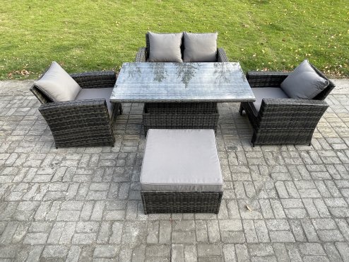 Fimous Outdoor Garden Dining Sets 5 Seater Rattan Patio Furniture Sofa Set with Rising Lifting Table Big Footstool Dark Grey Mixed