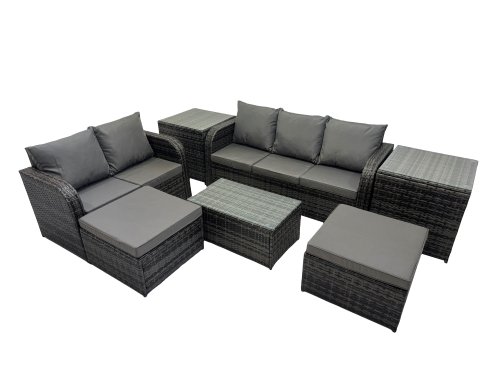 Fimous Outdoor Love Sofa 3 Seater Sofa Coffee Table Set Garden Rattan Furniture Set 7 Seater with 2 Side Tables 2 Big Stool Dark Grey