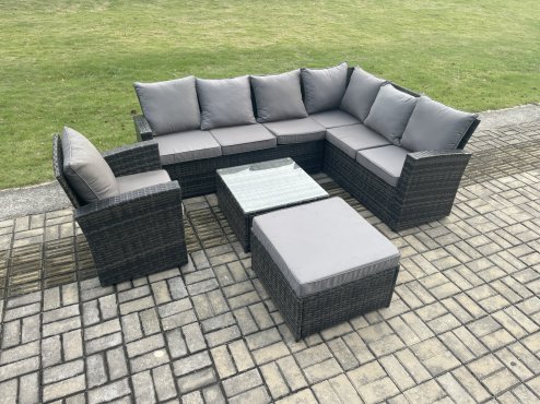 Fimous 8 Seat Rattan Garden Furniture Corner Sofa Set Outdoor Patio Sofa Chair Table Set with Big Footstool Dark Grey Mixed