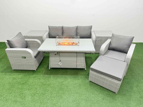 Fimous PE Rattan Garden Furniture Set Reclining Chair Sofa Lounge Sofa Set Firepit Dining Table 2 Side Table Big Footstool Light Grey