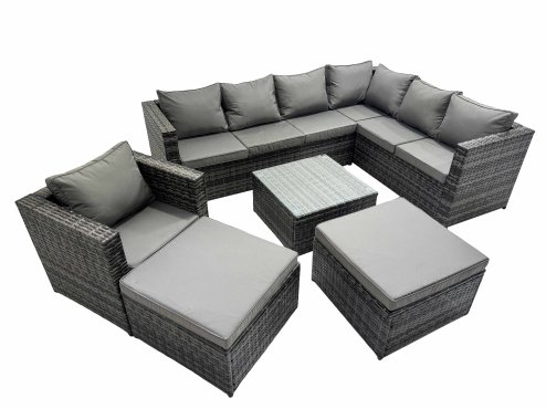 Fimous Outdoor PE Rattan Garden Furniture Sofa Set with Square Coffee Table Chair 2 Big Stools Dark Grey