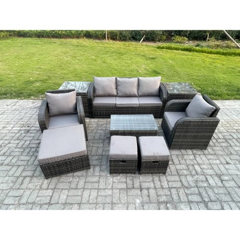 Fimous Rattan Garden Furniture Set Patio Outdoor Lounge Sofa Set with Rectangular Coffee Table 3 Footstools 3 Seater Sofa 2 Side Tables Dark Grey Mixed