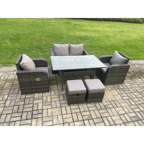 Fimous Rattan Garden Furniture 6 Piece Grey Patio Furniture Set Patio Conservatory 6 Seater Set Outdoor Rectangular Table and Chairs