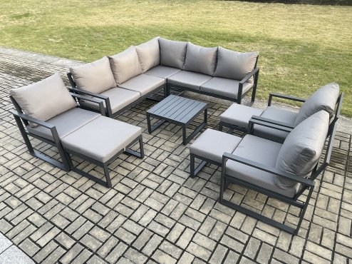 Fimous 11 Seater Outdoor Aluminium Garden Furniture Set Corner Lounge Sofa Set with Square Coffee Table Chair 3 Footstools Dark Grey