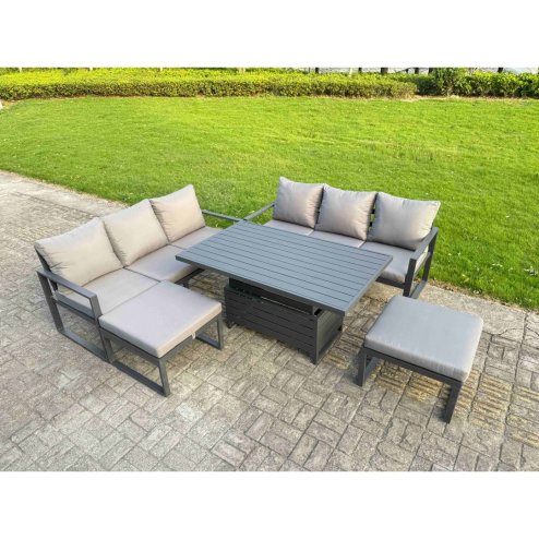 Fimous 7 Pieces Garden Furniture Set Aluminium Adjustable Rising Lifting Dining Table and Sofa Set with 2 Side Tables 2 Small Footstools Dark Grey