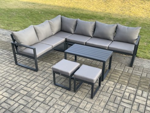 Fimous Aluminium Garden Furniture Set Outdoor Indoor Lounge Corner Sofa Oblong Coffee Table Sets with 2 Small Footstools Dark Grey