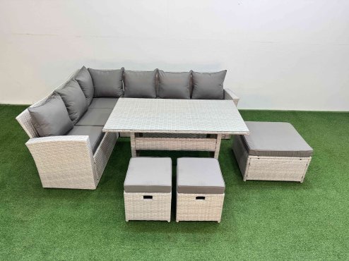 Fimous 9 Seater Rattan Garden Furniture Set Outdoor Patio Dining Corner Sofa Sets with Dining Table 3 Footstools Light Grey Mixed