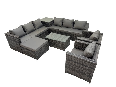 Fimous 9 Seater Garden Outdoor Rattan Furniture Set Patio Corner Sofa Rectangular Coffee Table with Big Stool Side Table Dark Grey