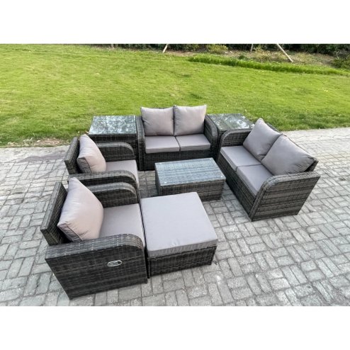 Fimous 7 Seater Rattan Garden Furniture Set Patio Outdoor Lounge Sofa Set with Rectangular Coffee Table Big Footstool Love Sofa 2 Side Tables Dark Grey Mixed